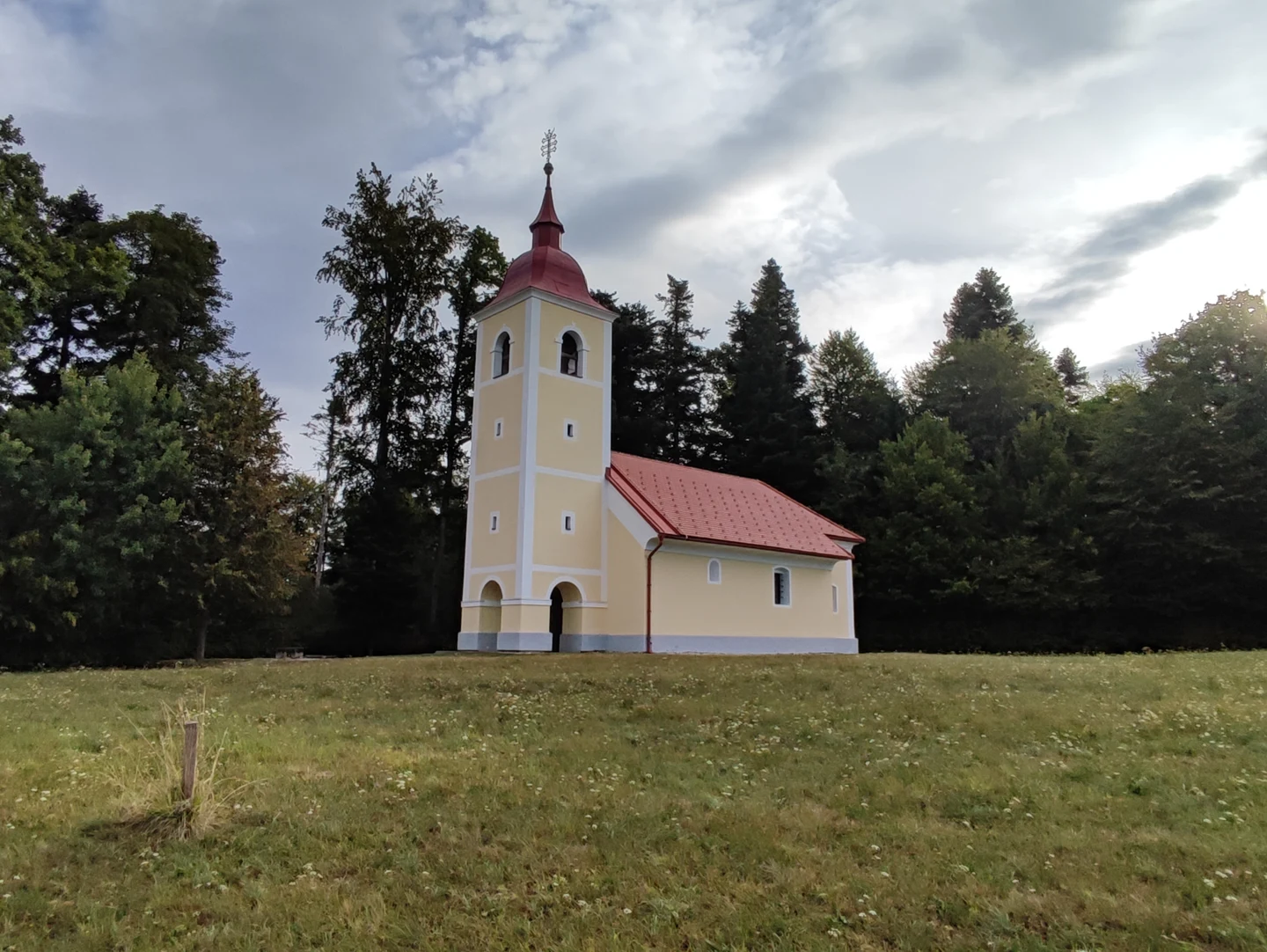 Svetla cerkev sv. Ruperta z rdečo streho in visokim zvonikom na travniku ob gozdu v Sarskem.