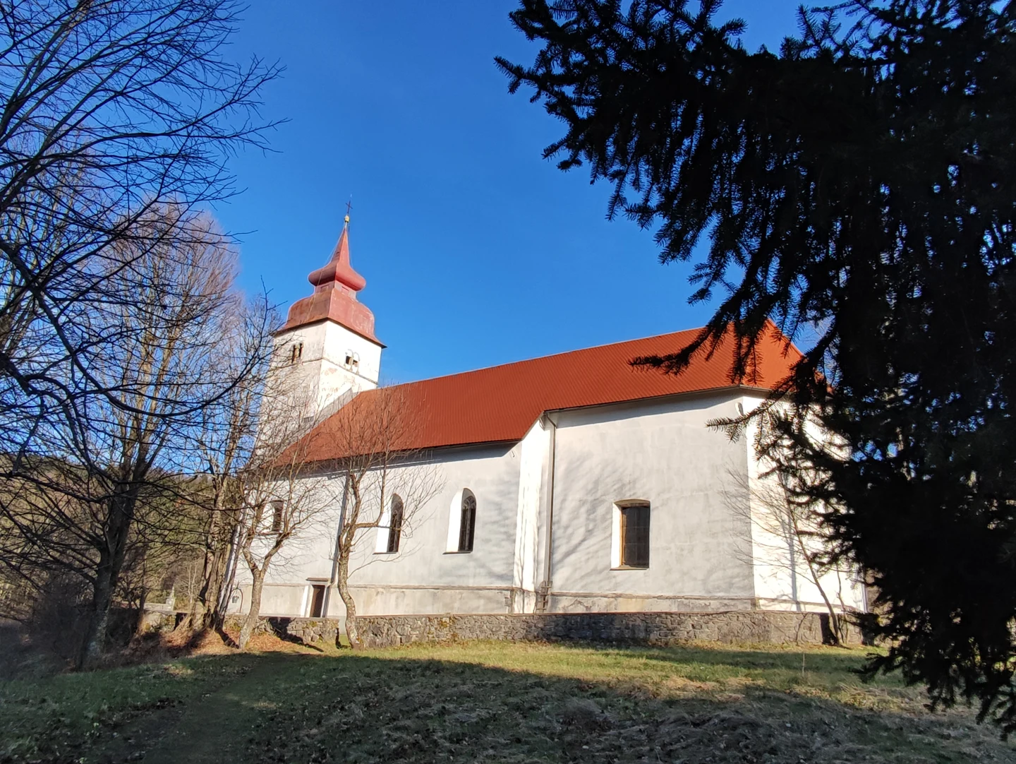 Cerkev Marije pribežališče grešnikov na Planinski gori z ladjo in zvonikom
