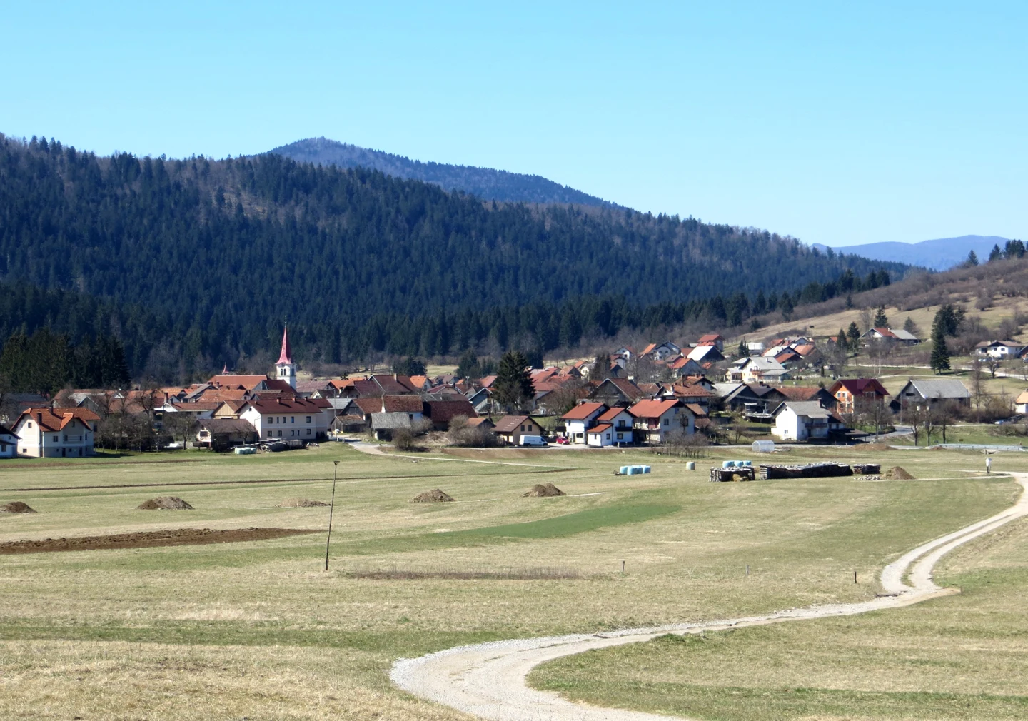 Oddaljeni pogled na Kozarišče s cerkvijo sv. Benedikta in rdečim zvonikom med hišami