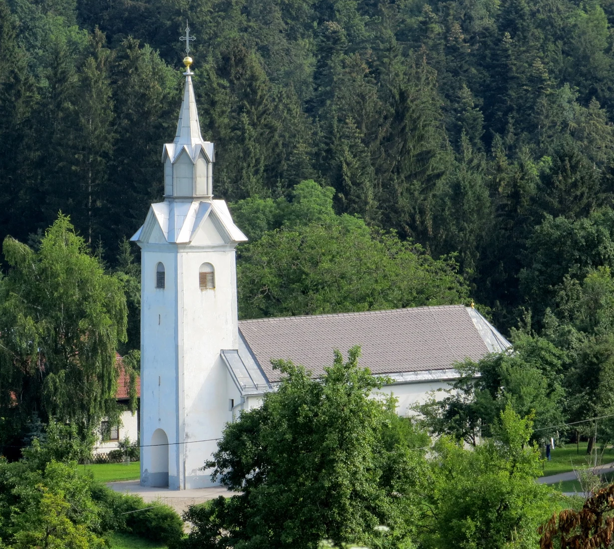 Bel zvonik in dolga ladja cerkve sv. Jakoba na Mali Slevici pred gozdom, delno zakrita z drevjem.