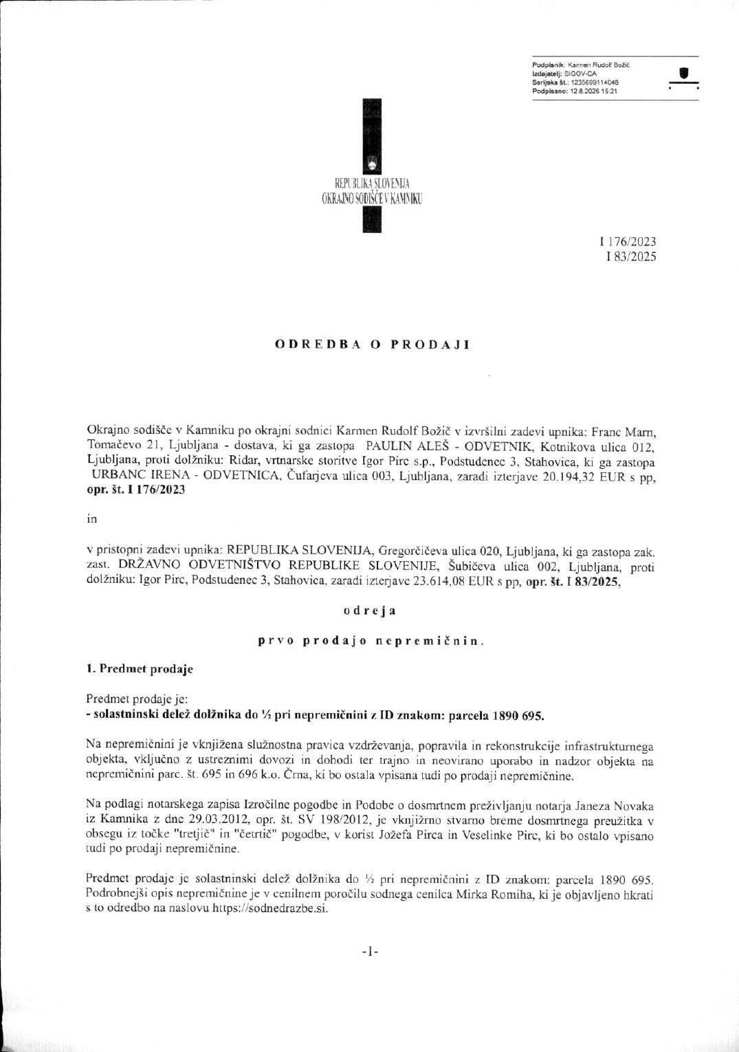 Prva stran objavljene ponudbe, kot jo je oddal prodajalec upravni enoti.