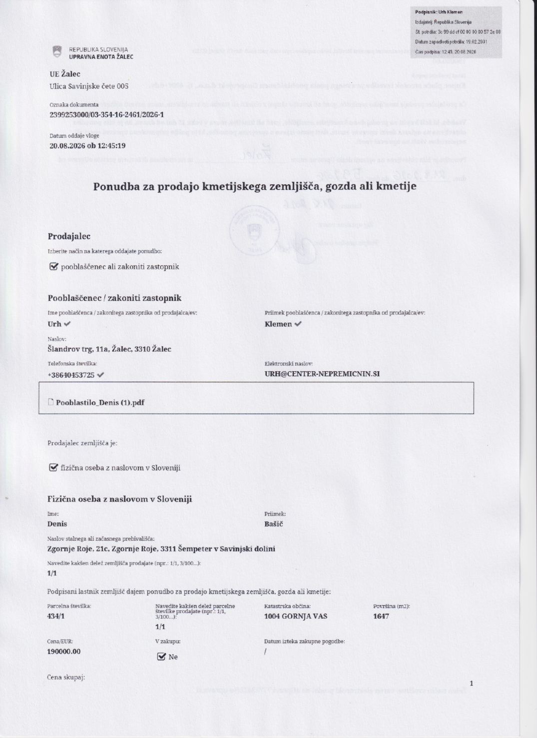 Prva stran objavljene ponudbe, kot jo je oddal prodajalec upravni enoti.