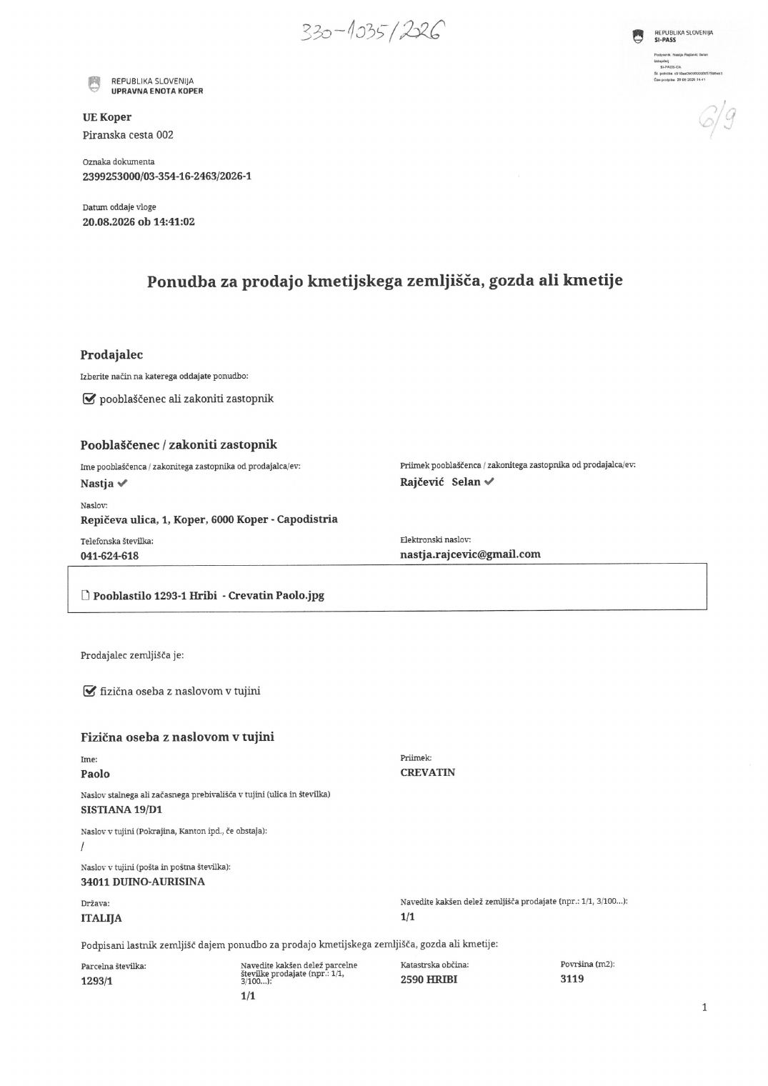 Prva stran objavljene ponudbe, kot jo je oddal prodajalec upravni enoti.