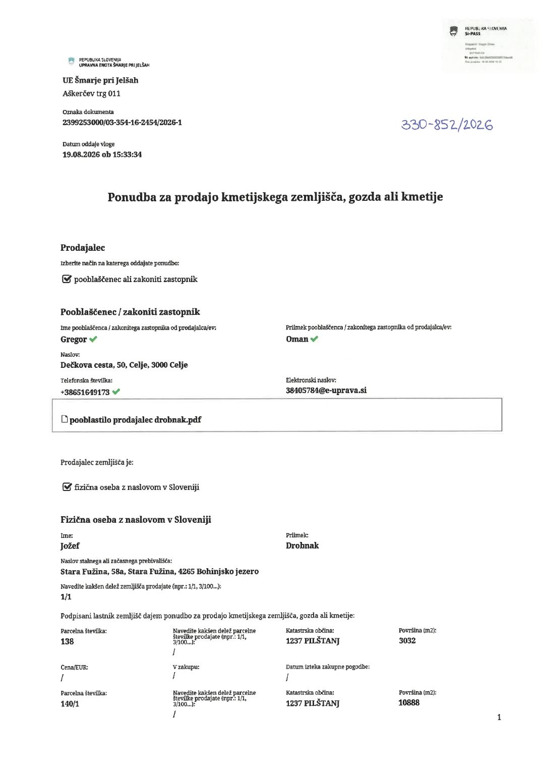 Prva stran objavljene ponudbe, kot jo je oddal prodajalec upravni enoti.