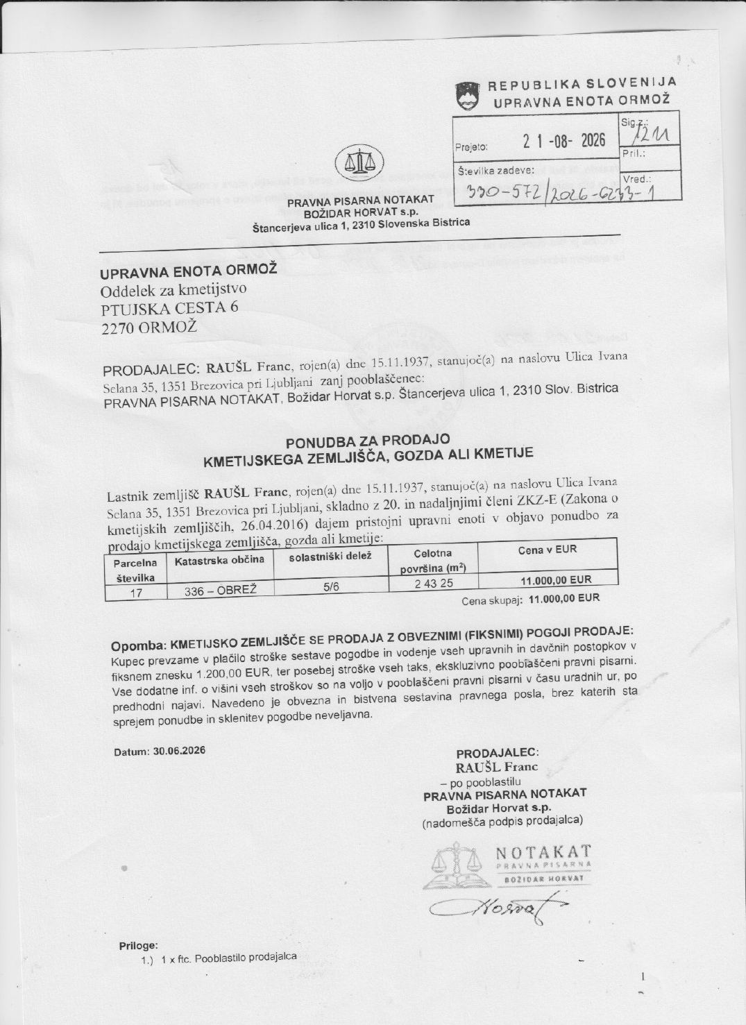 Prva stran objavljene ponudbe, kot jo je oddal prodajalec upravni enoti.