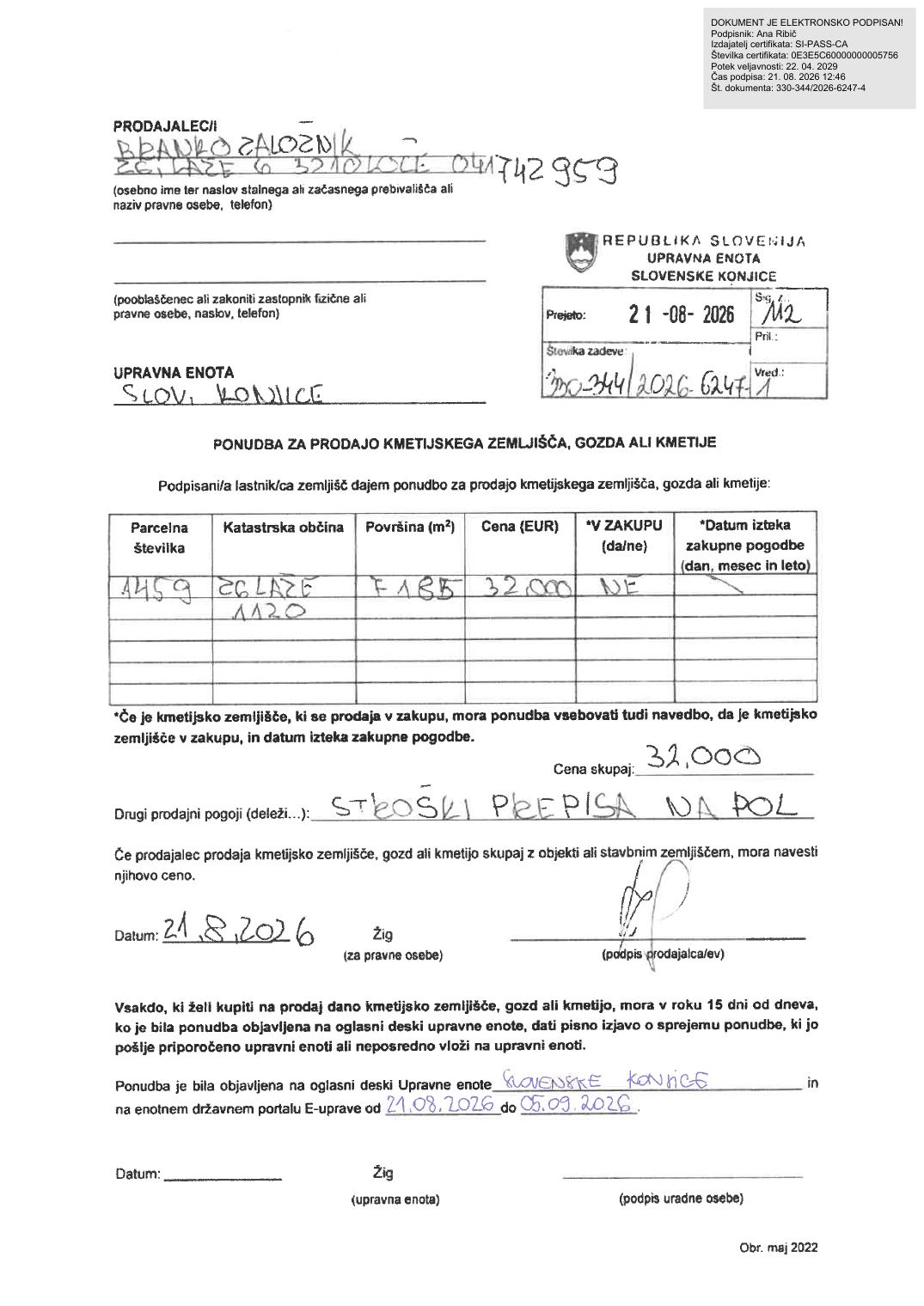 Prva stran objavljene ponudbe, kot jo je oddal prodajalec upravni enoti.