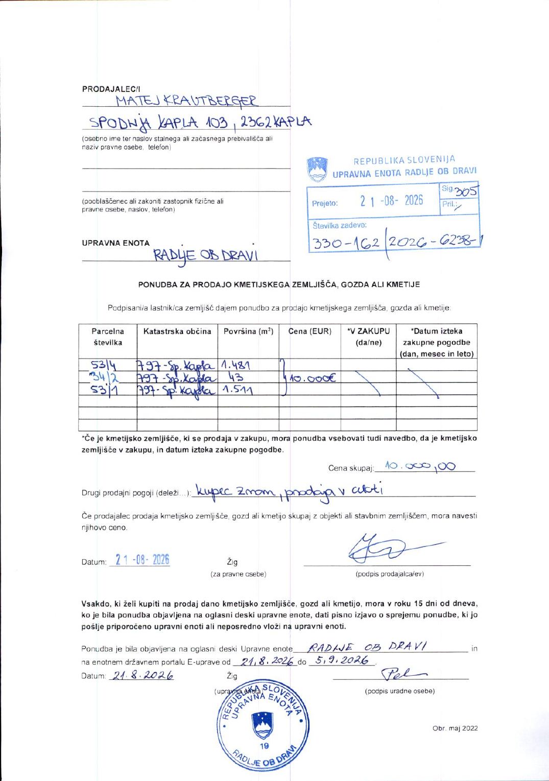 Prva stran objavljene ponudbe, kot jo je oddal prodajalec upravni enoti.