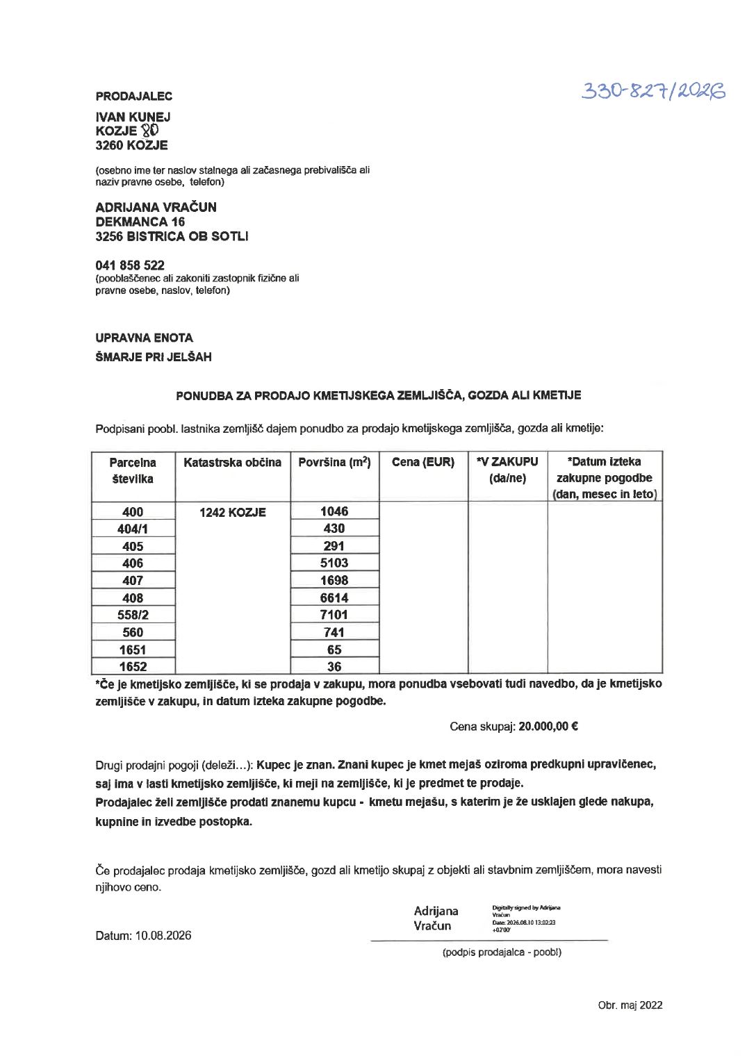Prva stran objavljene ponudbe, kot jo je oddal prodajalec upravni enoti.