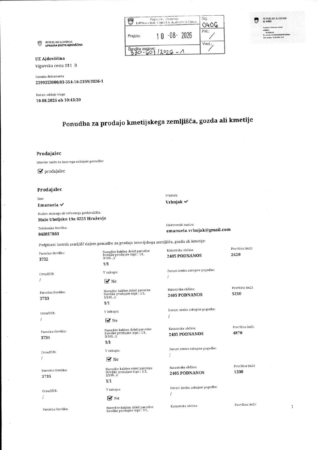 Prva stran objavljene ponudbe, kot jo je oddal prodajalec upravni enoti.