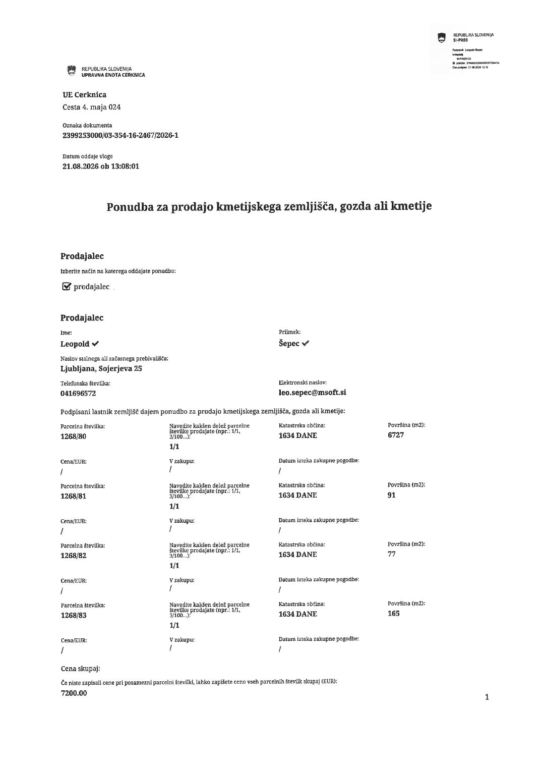 Prva stran objavljene ponudbe, kot jo je oddal prodajalec upravni enoti.