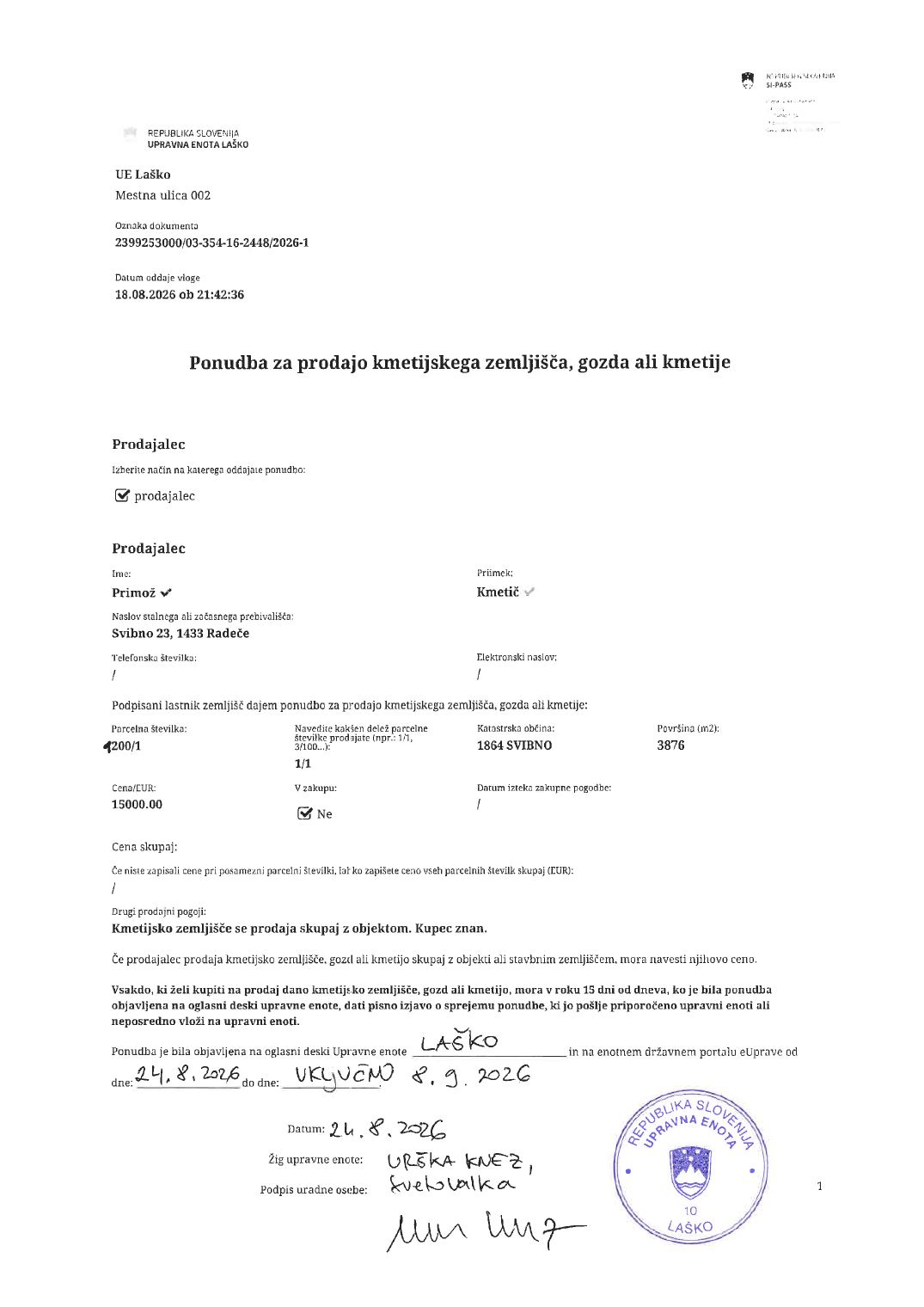Prva stran objavljene ponudbe, kot jo je oddal prodajalec upravni enoti.