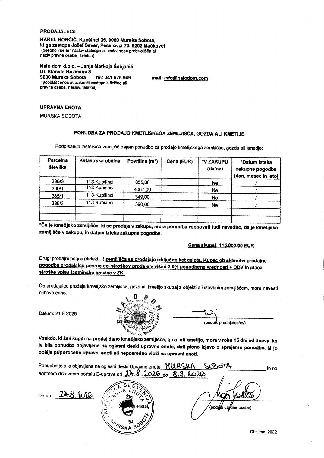 Prva stran objavljene ponudbe, kot jo je oddal prodajalec upravni enoti.