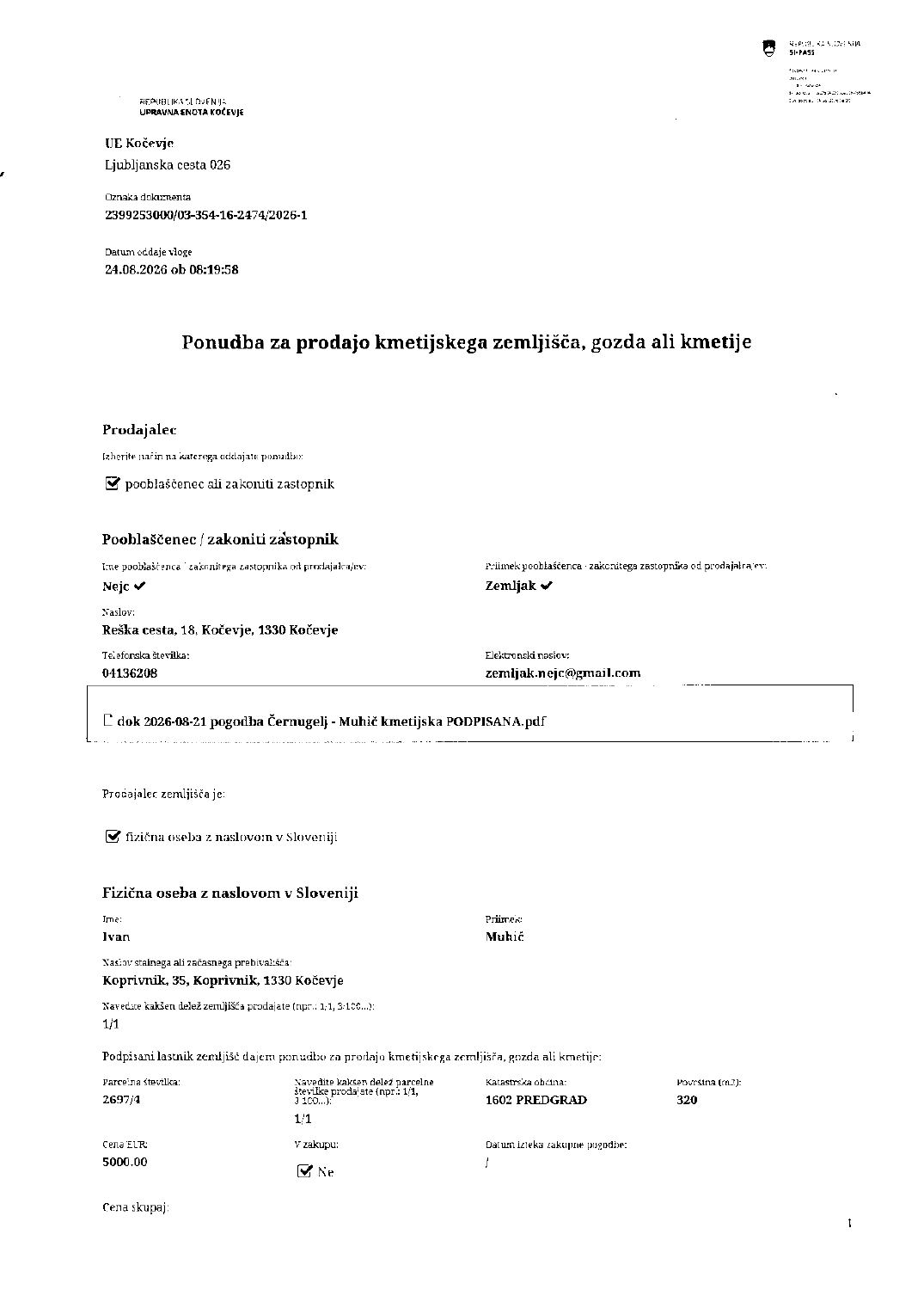 Prva stran objavljene ponudbe, kot jo je oddal prodajalec upravni enoti.