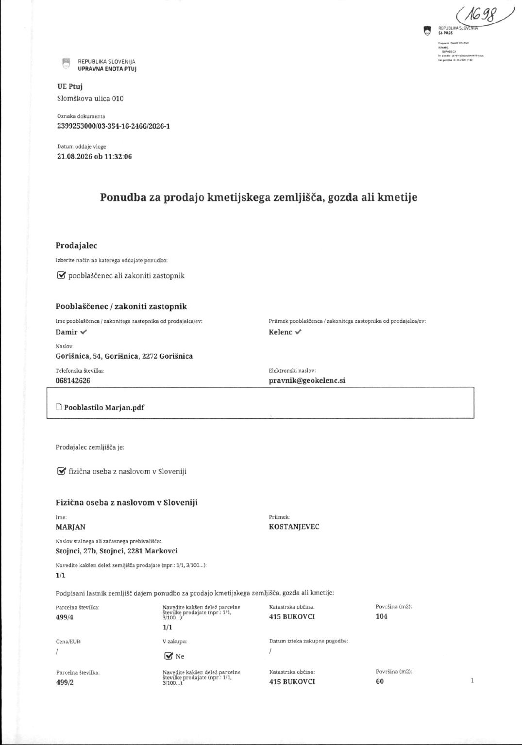 Prva stran objavljene ponudbe, kot jo je oddal prodajalec upravni enoti.