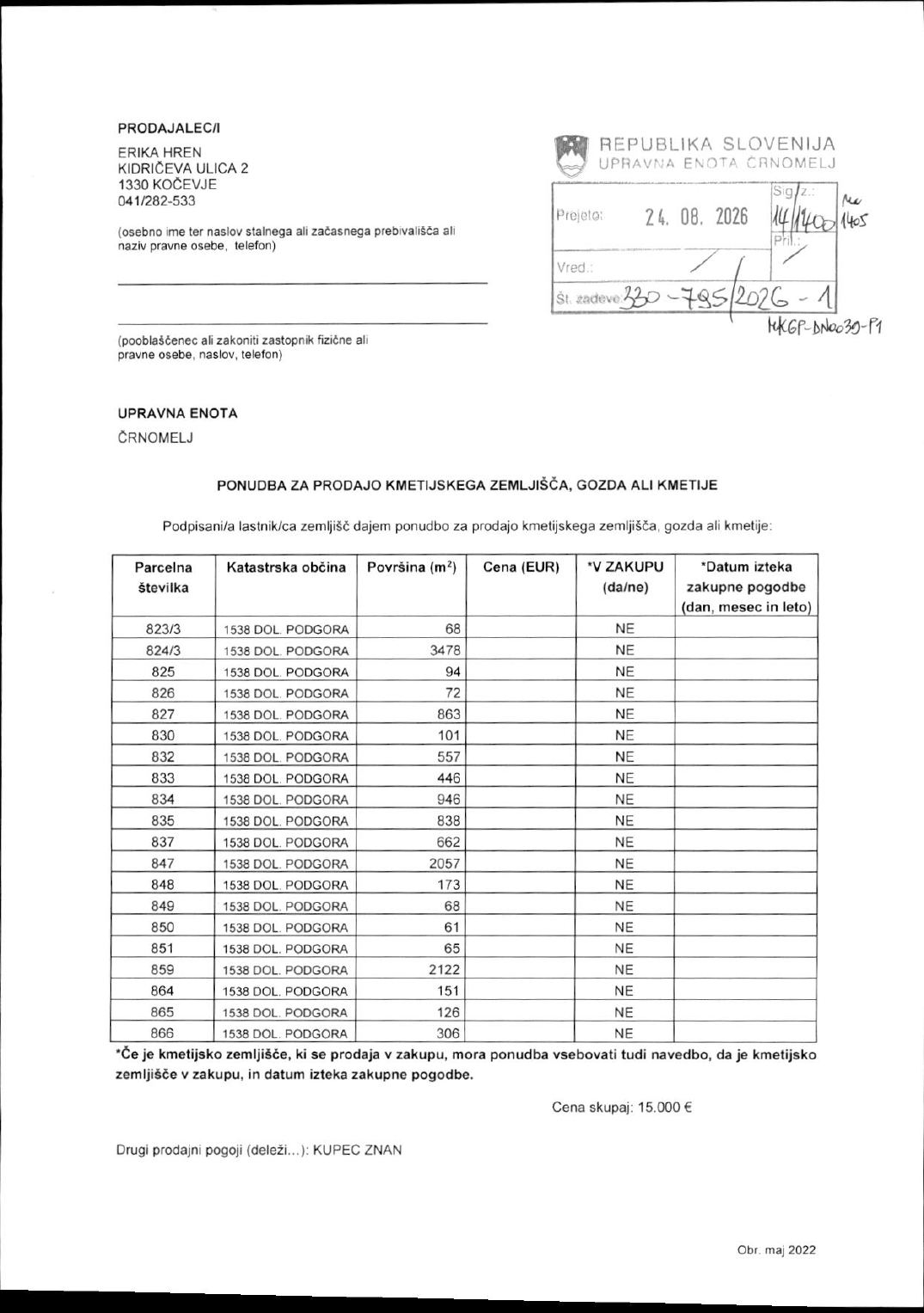 Prva stran objavljene ponudbe, kot jo je oddal prodajalec upravni enoti.