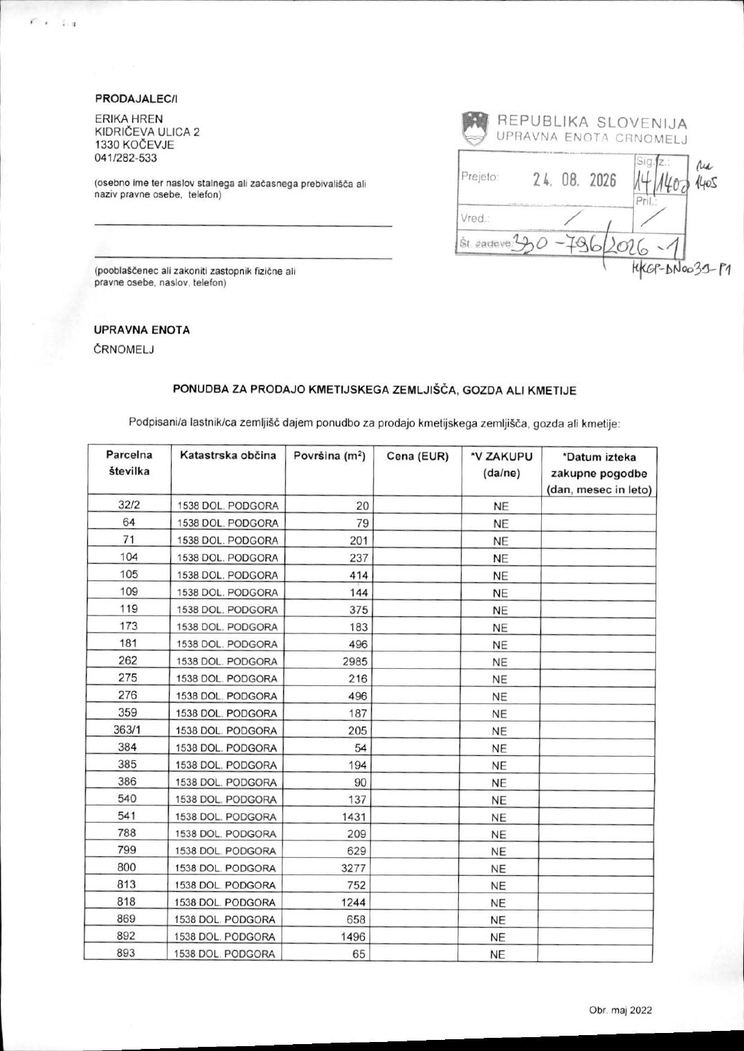 Prva stran objavljene ponudbe, kot jo je oddal prodajalec upravni enoti.