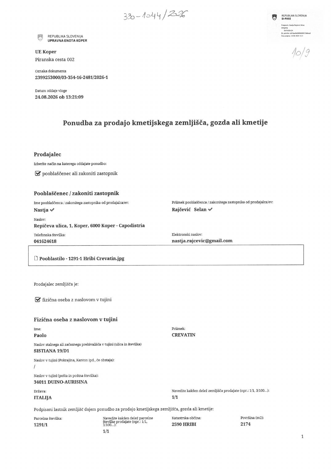 Prva stran objavljene ponudbe, kot jo je oddal prodajalec upravni enoti.