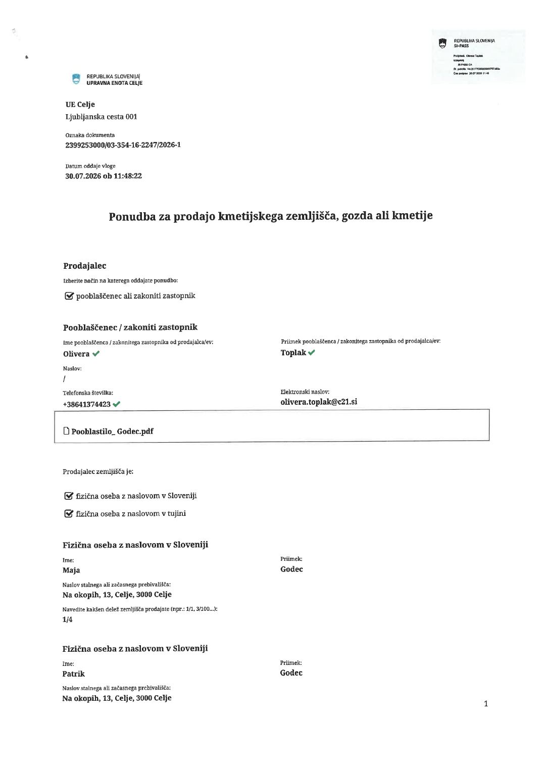 Prva stran objavljene ponudbe, kot jo je oddal prodajalec upravni enoti.