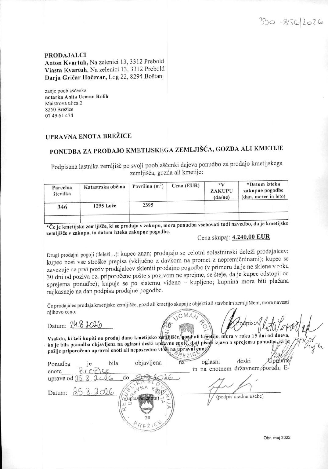 Prva stran objavljene ponudbe, kot jo je oddal prodajalec upravni enoti.