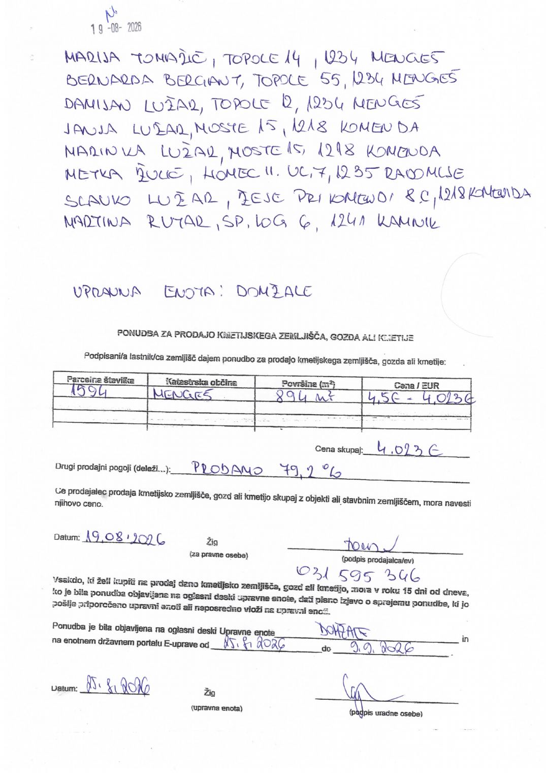 Prva stran objavljene ponudbe, kot jo je oddal prodajalec upravni enoti.