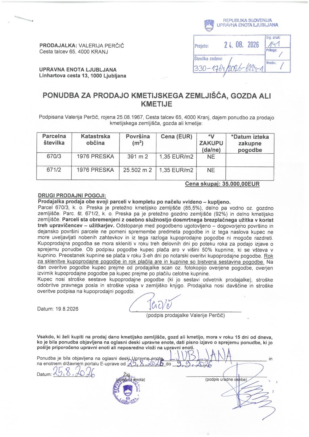 Prva stran objavljene ponudbe, kot jo je oddal prodajalec upravni enoti.
