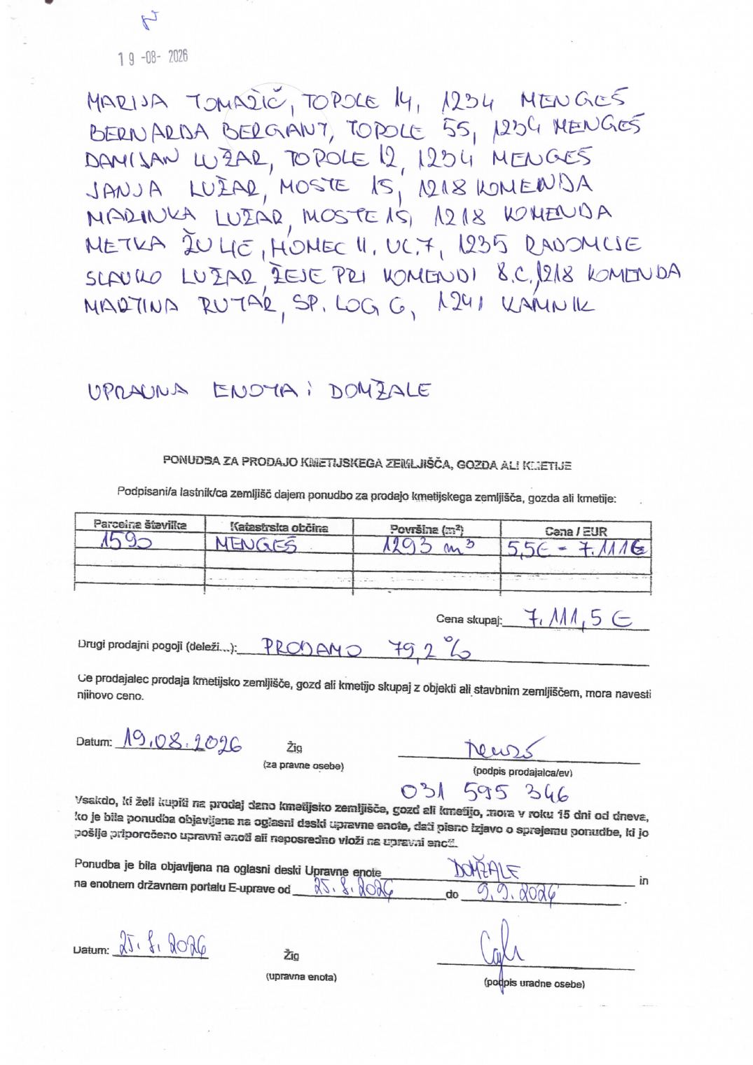 Prva stran objavljene ponudbe, kot jo je oddal prodajalec upravni enoti.