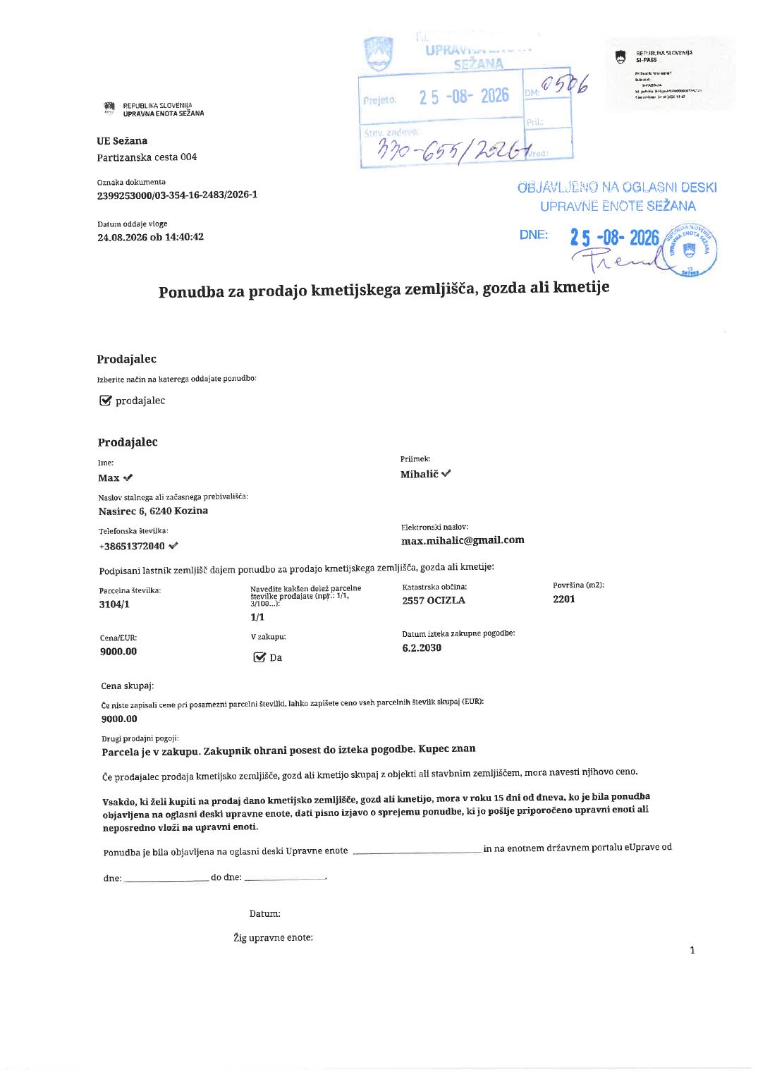 Prva stran objavljene ponudbe, kot jo je oddal prodajalec upravni enoti.