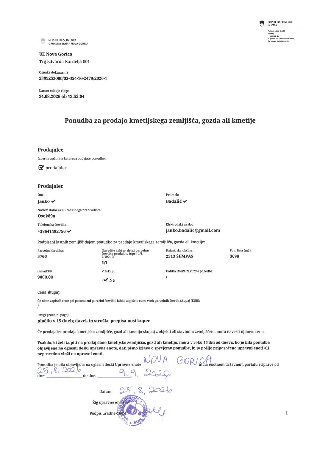 Prva stran objavljene ponudbe, kot jo je oddal prodajalec upravni enoti.