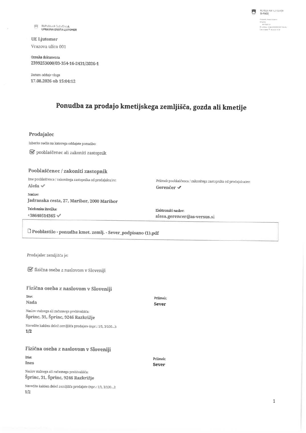 Prva stran objavljene ponudbe, kot jo je oddal prodajalec upravni enoti.