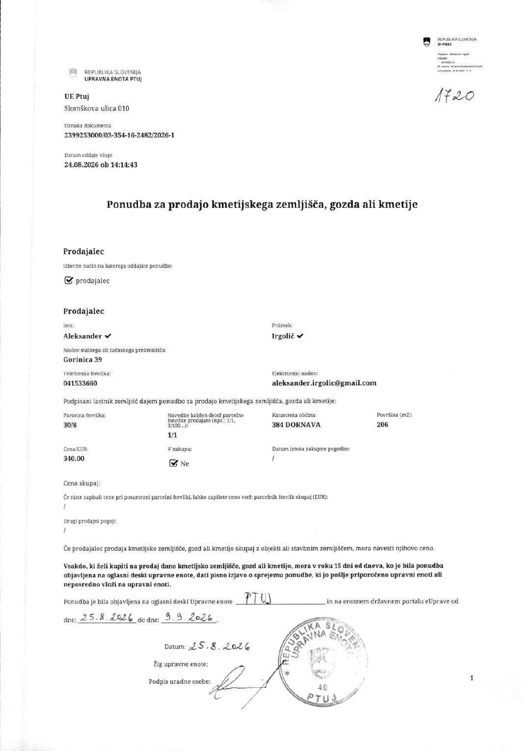 Prva stran objavljene ponudbe, kot jo je oddal prodajalec upravni enoti.