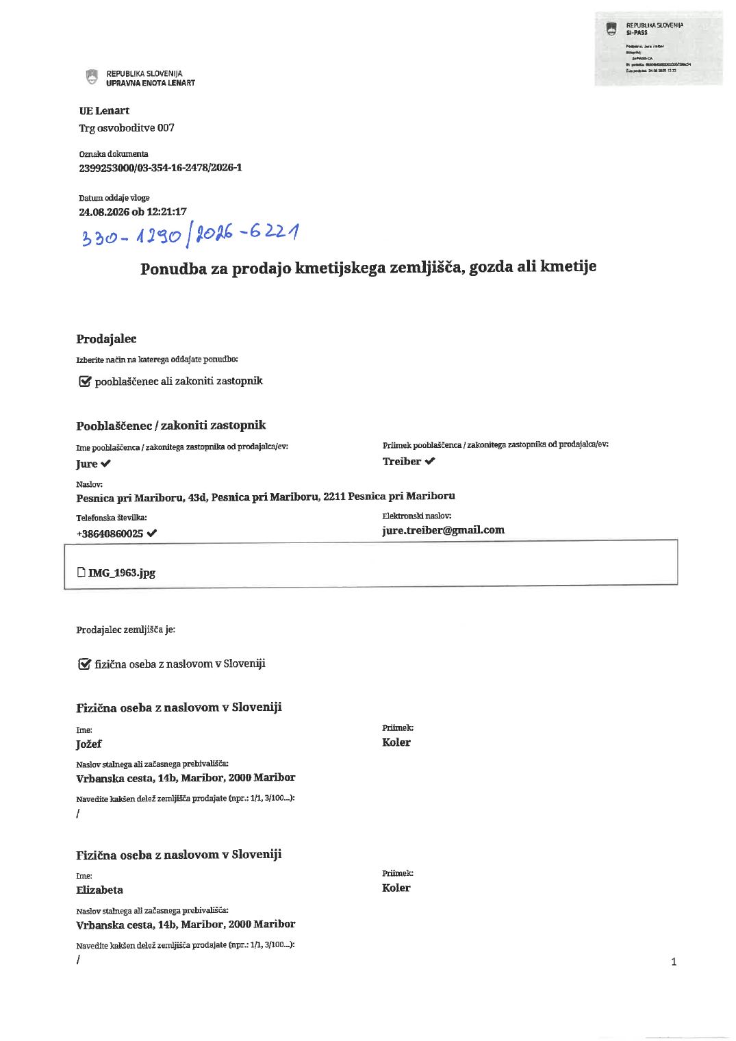 Prva stran objavljene ponudbe, kot jo je oddal prodajalec upravni enoti.