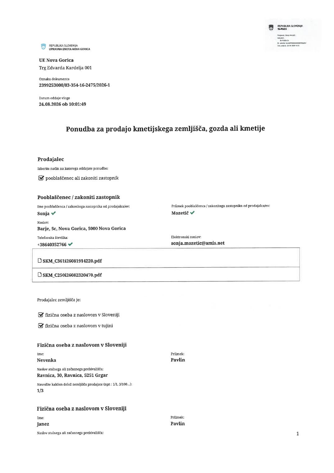 Prva stran objavljene ponudbe, kot jo je oddal prodajalec upravni enoti.