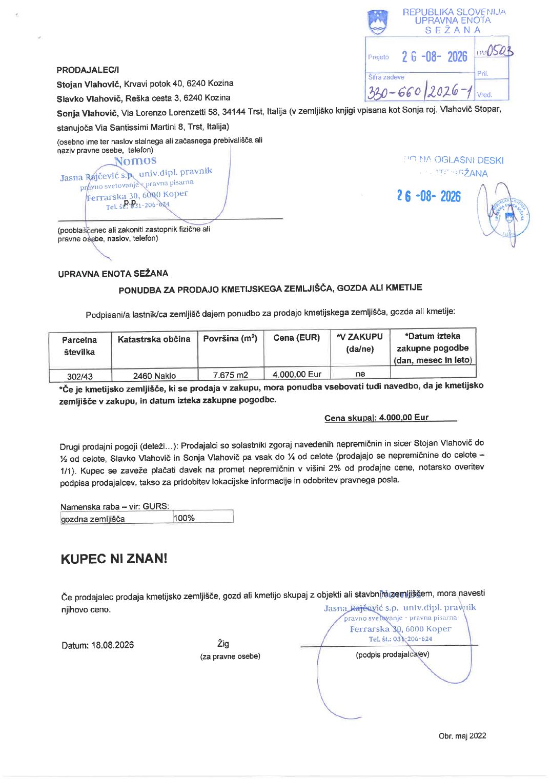 Prva stran objavljene ponudbe, kot jo je oddal prodajalec upravni enoti.