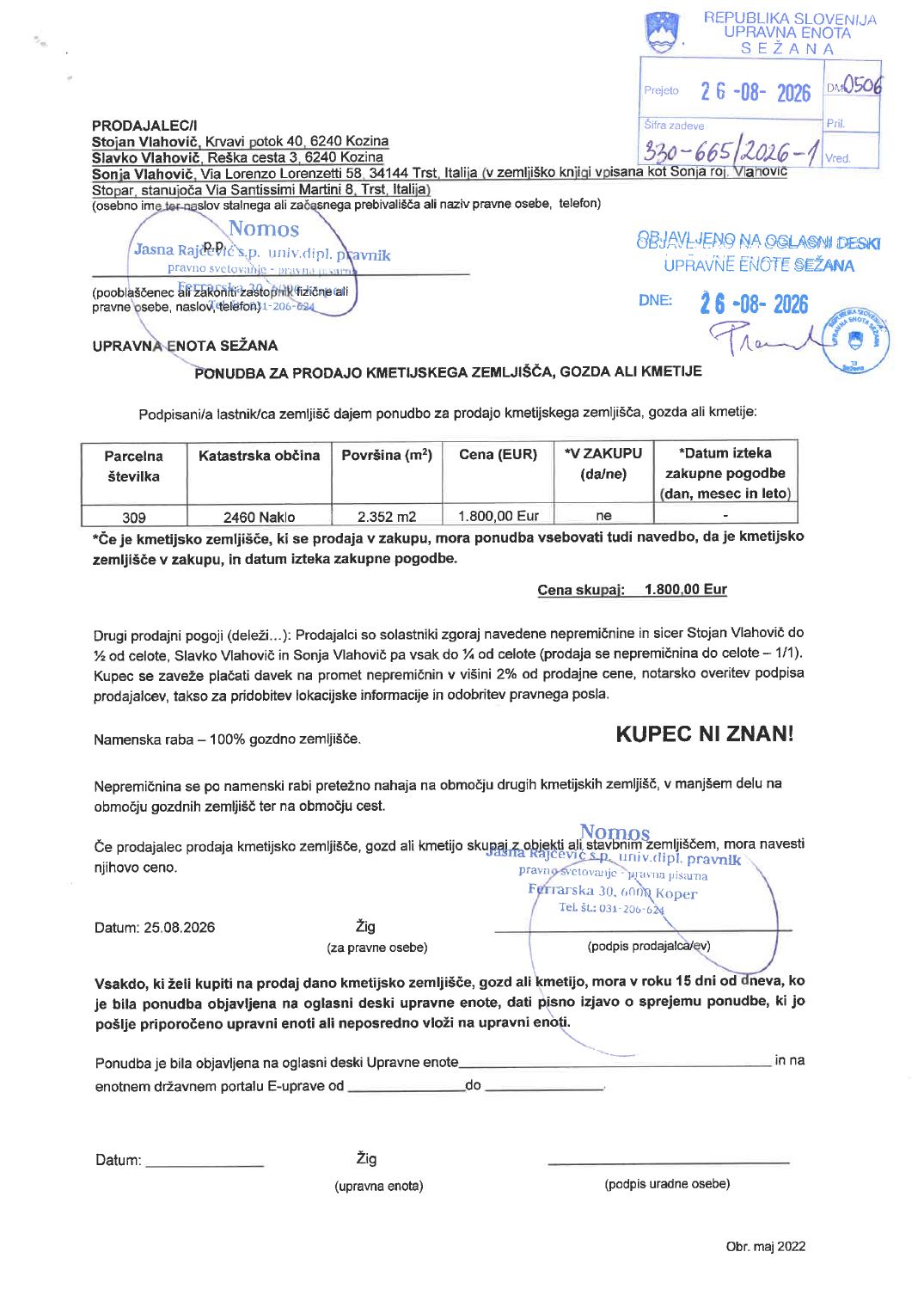 Prva stran objavljene ponudbe, kot jo je oddal prodajalec upravni enoti.