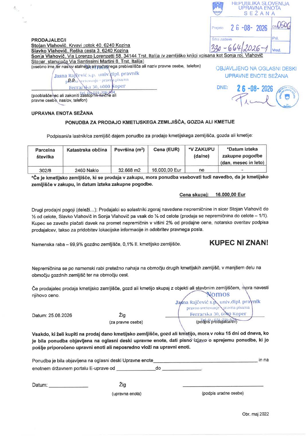 Prva stran objavljene ponudbe, kot jo je oddal prodajalec upravni enoti.