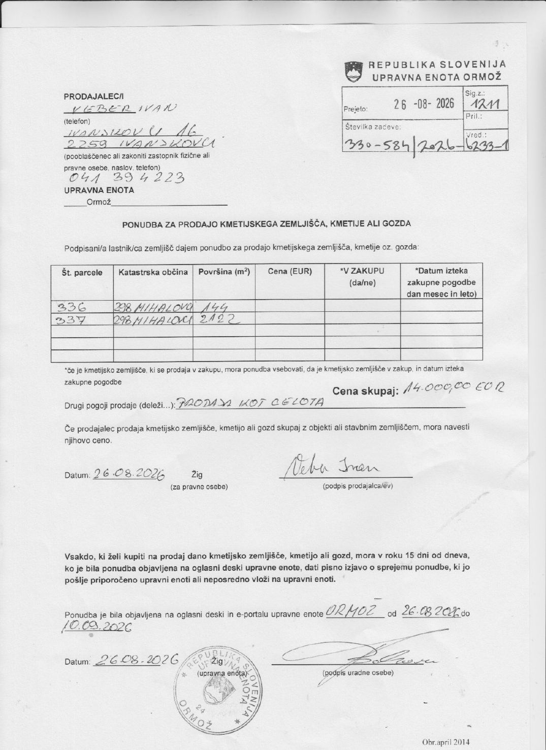 Prva stran objavljene ponudbe, kot jo je oddal prodajalec upravni enoti.