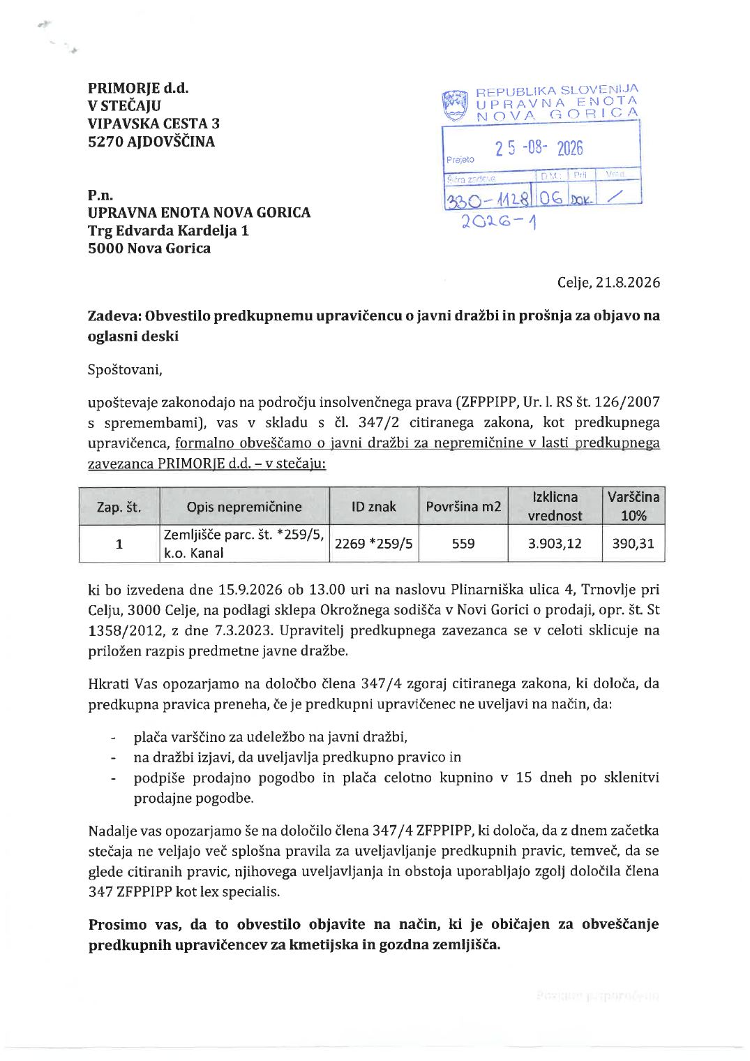 Prva stran objavljene ponudbe, kot jo je oddal prodajalec upravni enoti.