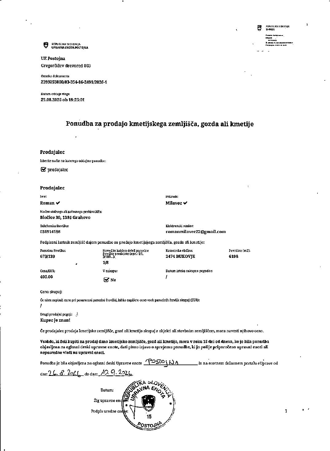 Prva stran objavljene ponudbe, kot jo je oddal prodajalec upravni enoti.