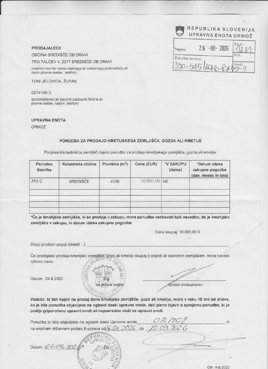 Prva stran objavljene ponudbe, kot jo je oddal prodajalec upravni enoti.