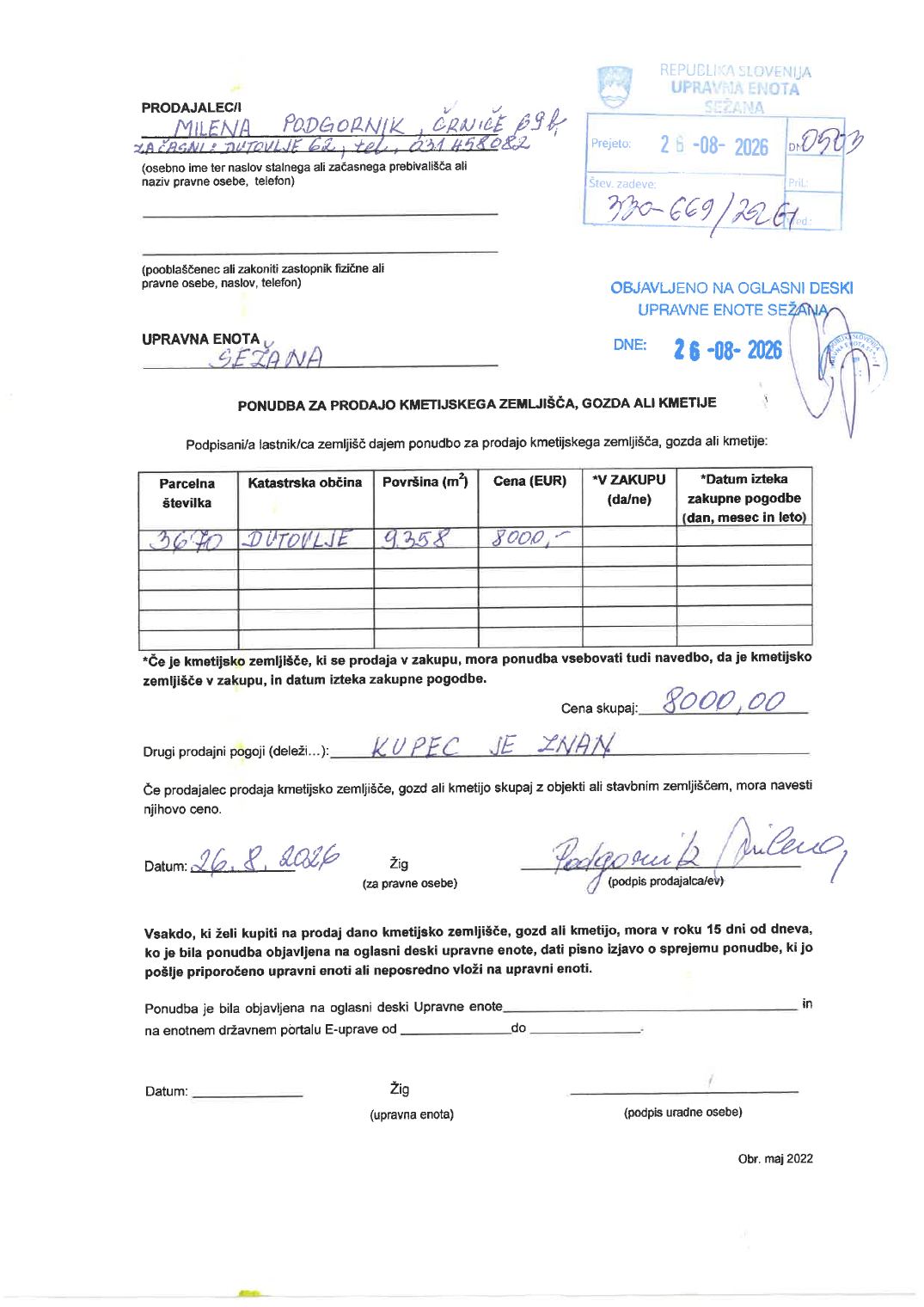 Prva stran objavljene ponudbe, kot jo je oddal prodajalec upravni enoti.