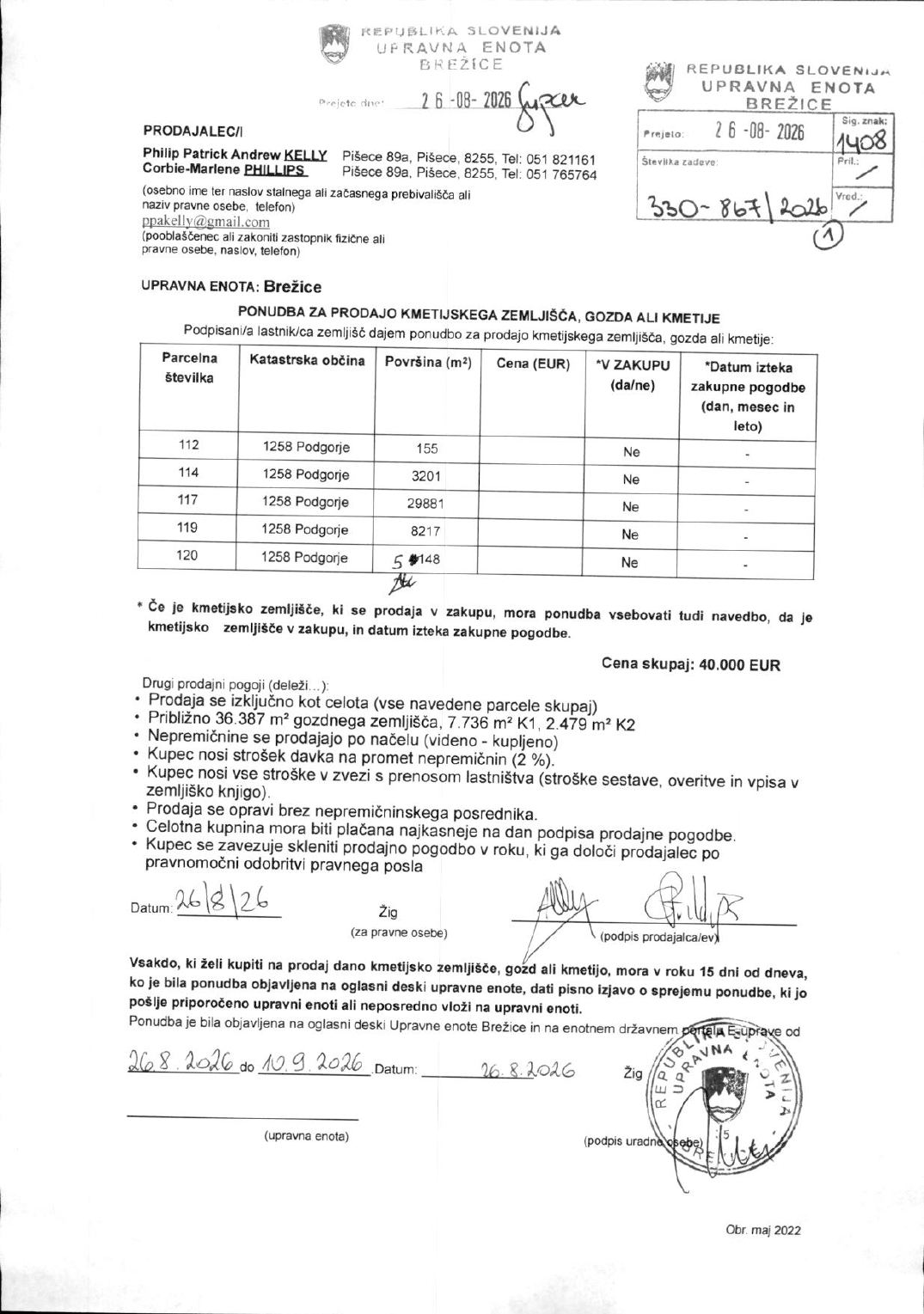 Prva stran objavljene ponudbe, kot jo je oddal prodajalec upravni enoti.