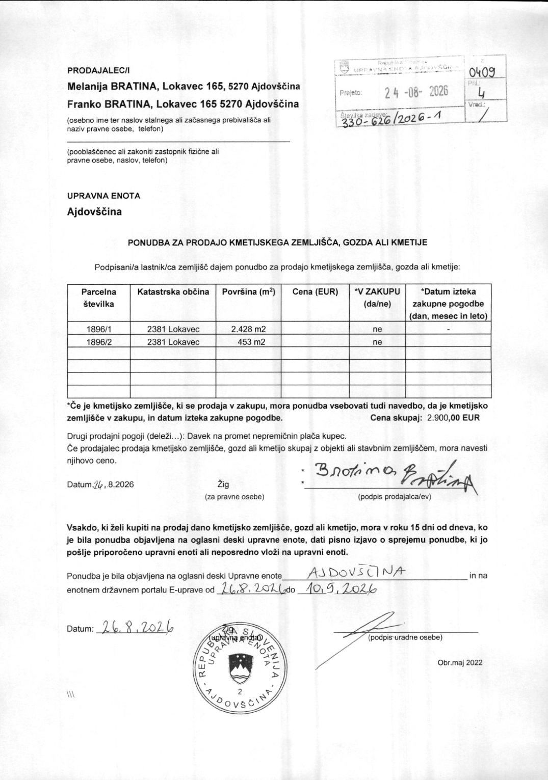 Prva stran objavljene ponudbe, kot jo je oddal prodajalec upravni enoti.