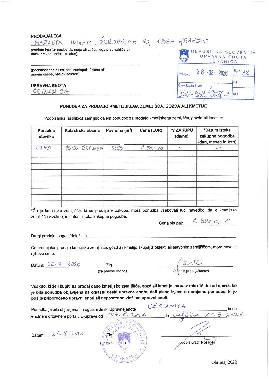 Prva stran objavljene ponudbe, kot jo je oddal prodajalec upravni enoti.
