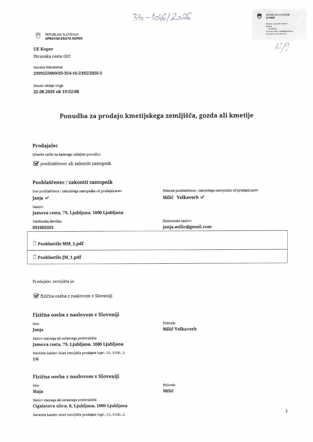 Prva stran objavljene ponudbe, kot jo je oddal prodajalec upravni enoti.