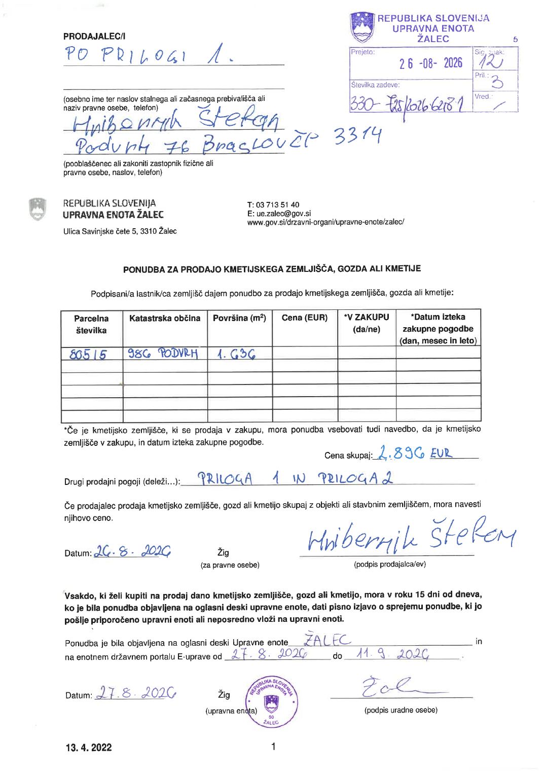 Prva stran objavljene ponudbe, kot jo je oddal prodajalec upravni enoti.