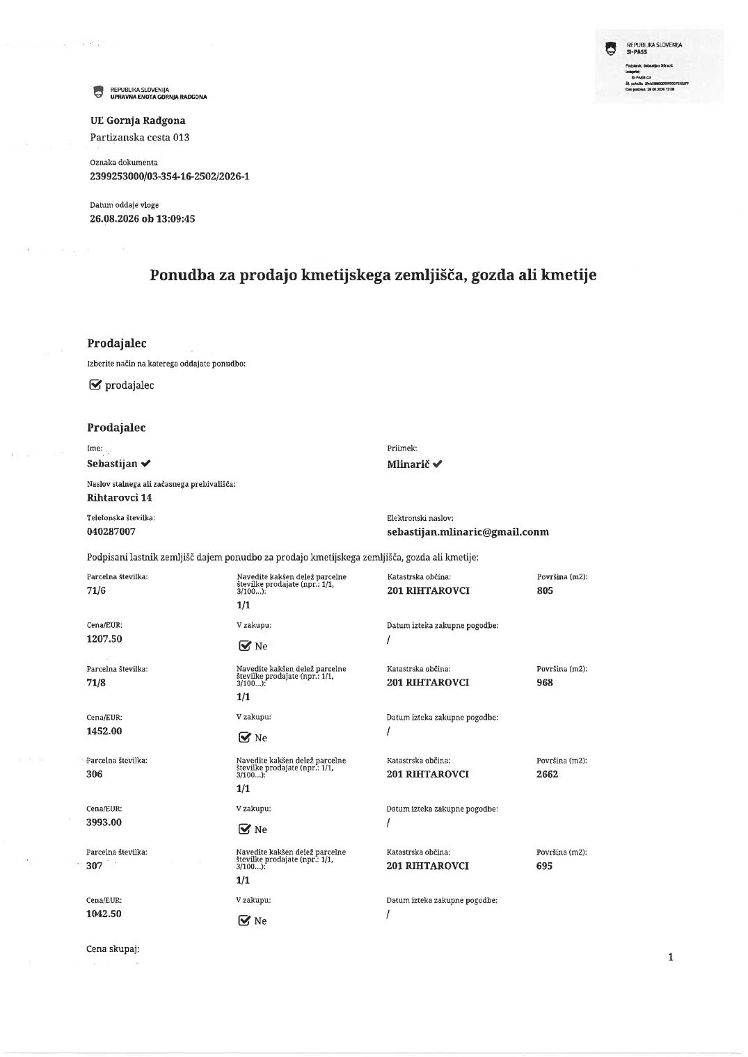 Prva stran objavljene ponudbe, kot jo je oddal prodajalec upravni enoti.