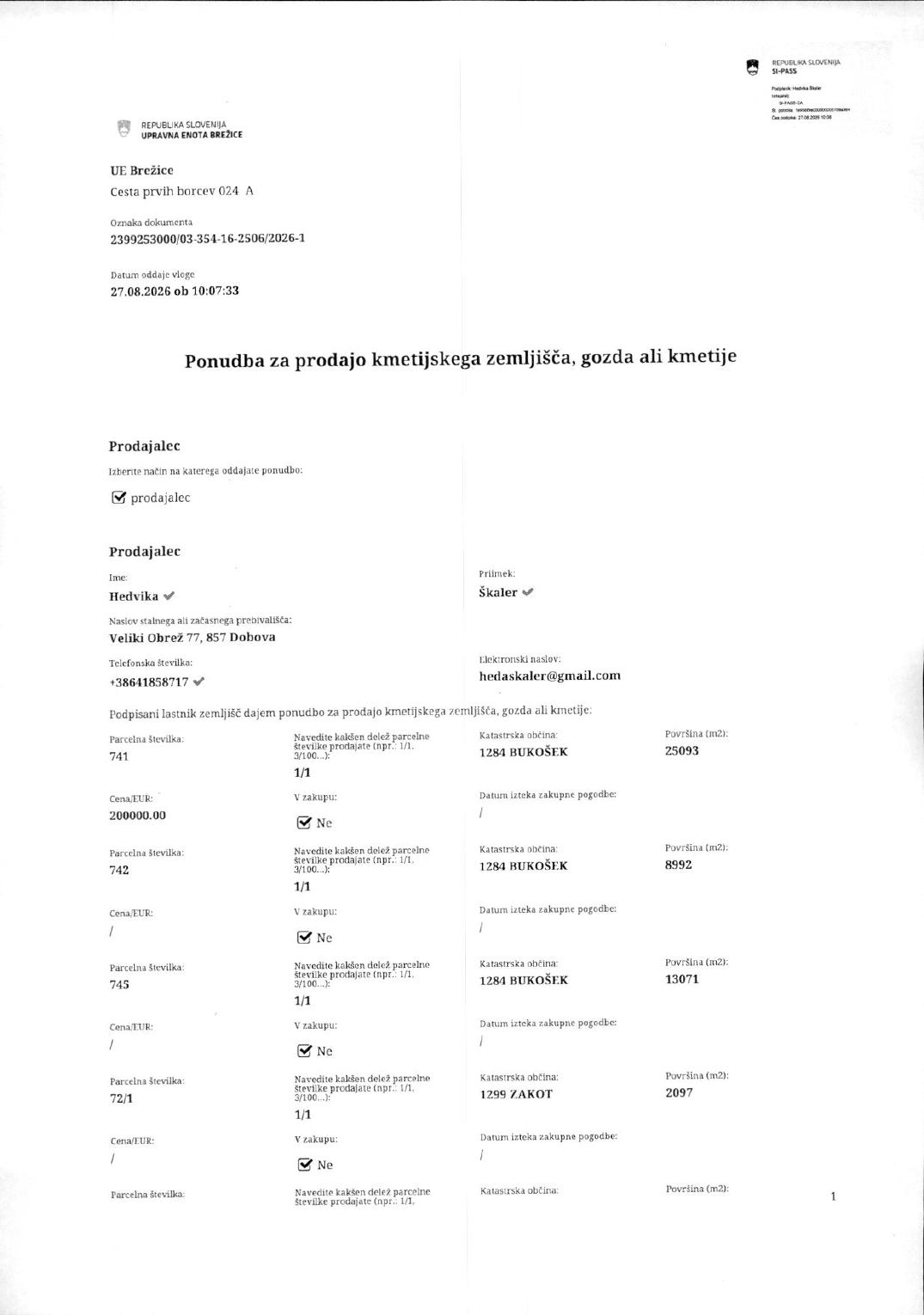 Prva stran objavljene ponudbe, kot jo je oddal prodajalec upravni enoti.
