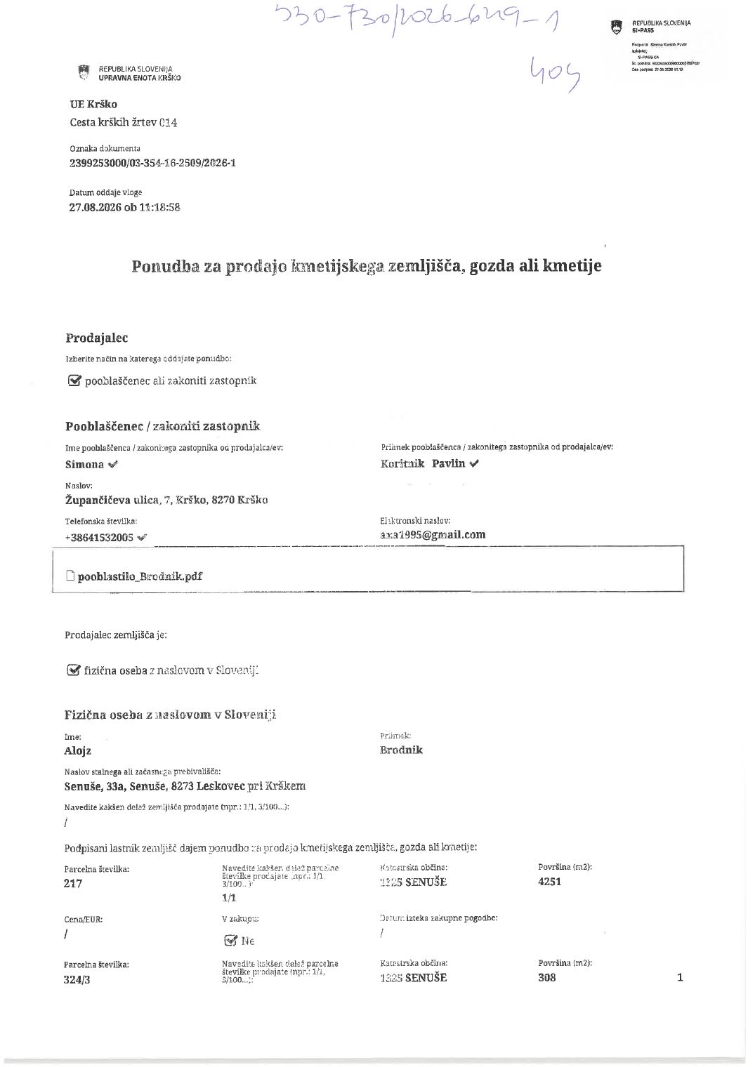Prva stran objavljene ponudbe, kot jo je oddal prodajalec upravni enoti.
