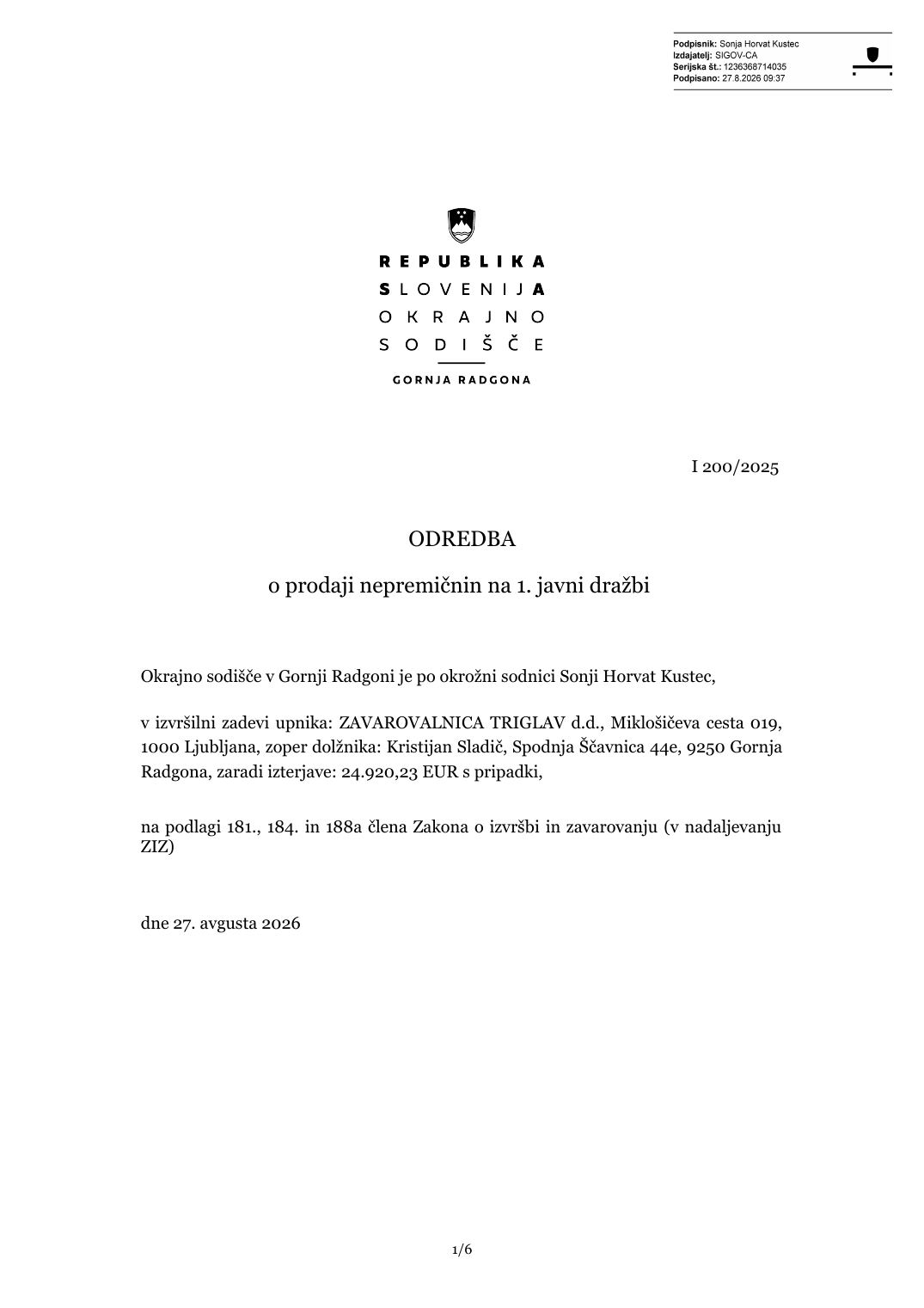 Prva stran objavljene ponudbe, kot jo je oddal prodajalec upravni enoti.