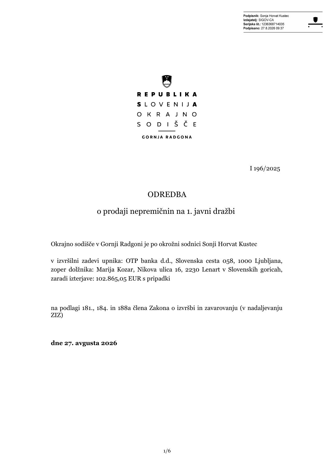 Prva stran objavljene ponudbe, kot jo je oddal prodajalec upravni enoti.